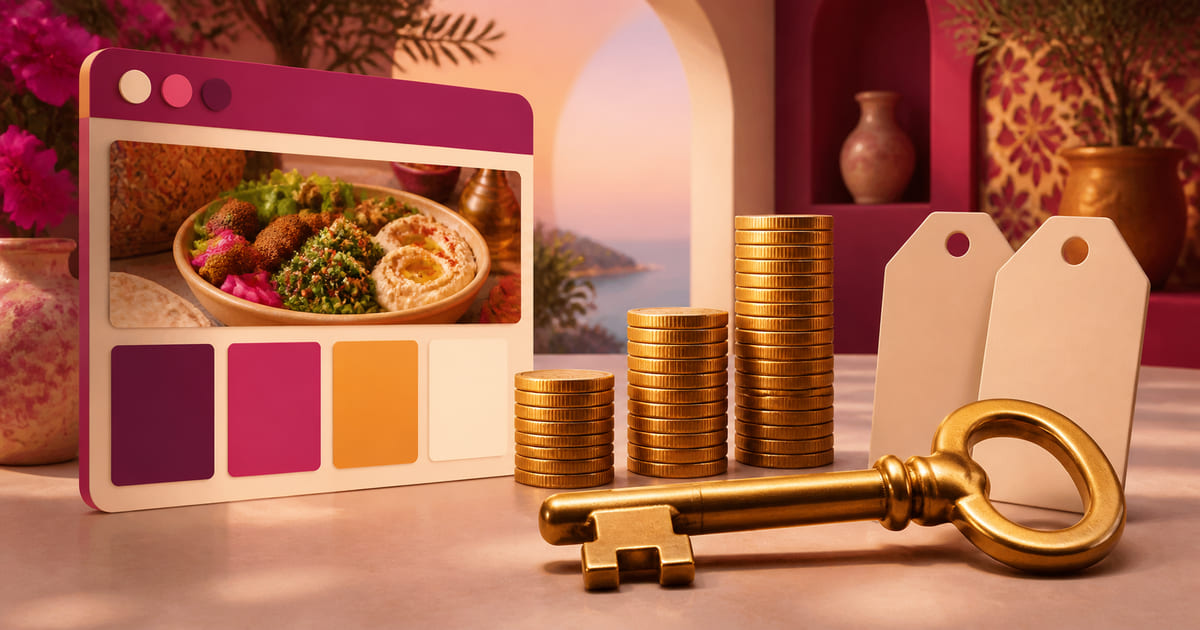 Price tags of different sizes beside a website page and a key, on a warm regional backdrop