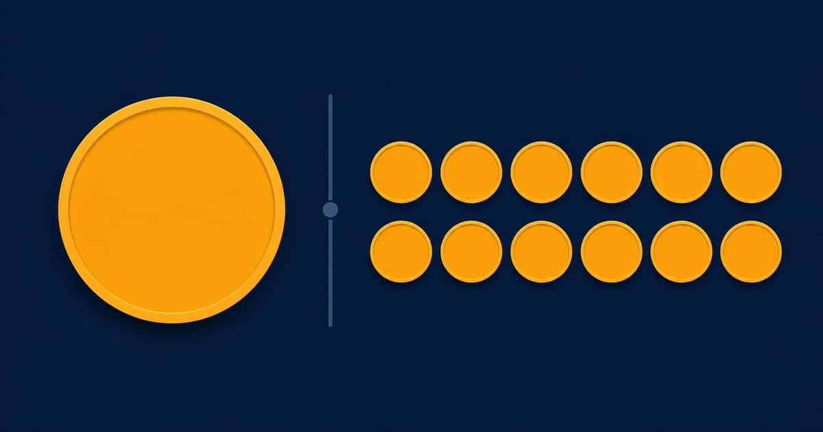 One large coin beside a row of twelve small ones