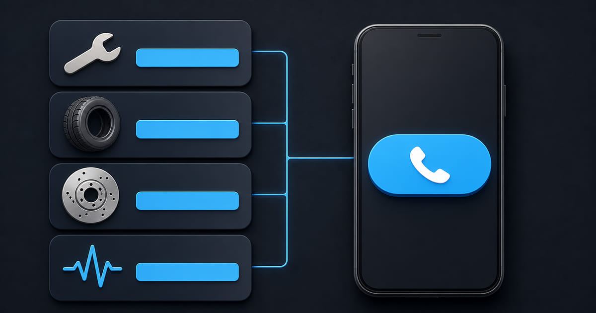 A list of service cards each with a wrench, tyre and diagnostic icon beside a phone showing a one-tap call button
