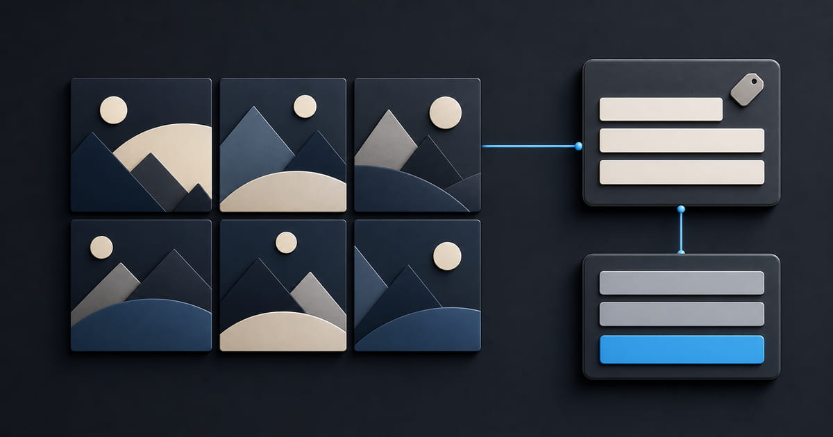 A tight grid of a few image tiles beside a package card and an enquiry form