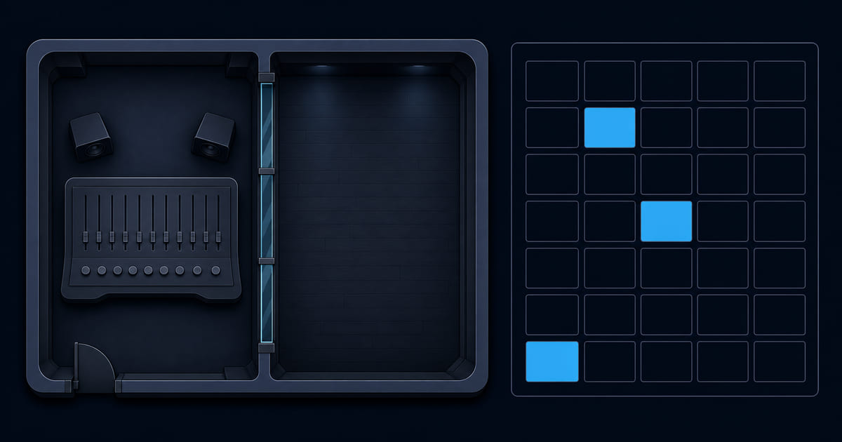 A control room and live room drawn from above beside a week of blank time blocks with three booked
