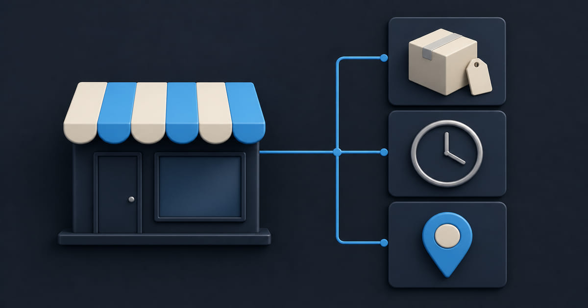 A shop front icon beside three cards showing stock availability, opening hours and a map pin