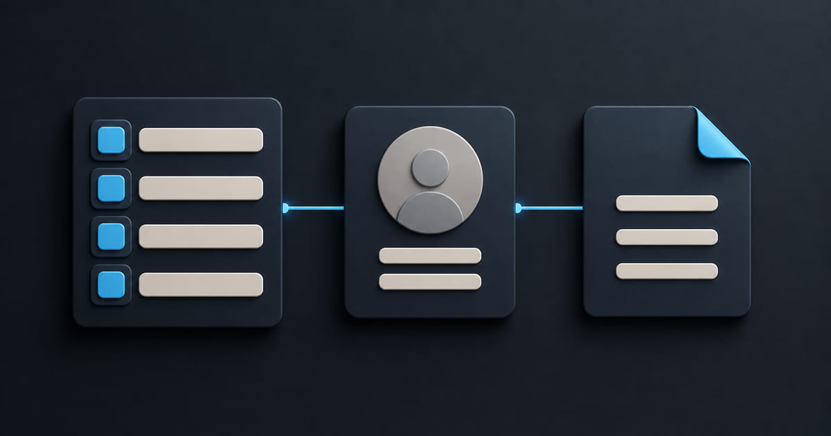 A services list beside a person profile card and a document icon, arranged as a simple decision layout