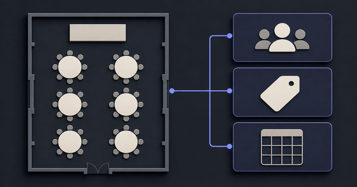 A venue floor plan beside capacity, price band and availability cards