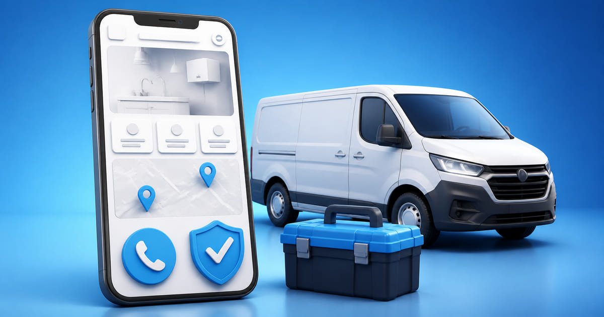 A phone showing a trades website with service areas and certifications beside a van and toolkit