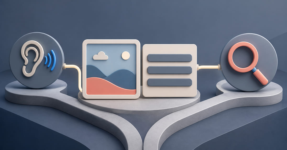 An image tile with a description plate feeding into both a screen reader symbol and a search magnifier