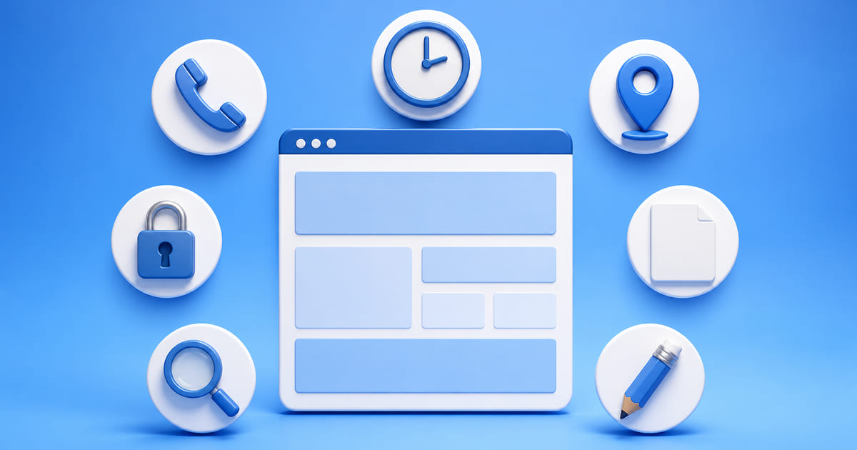 Seven numbered elements arranged around a small business web page, each marked as essential
