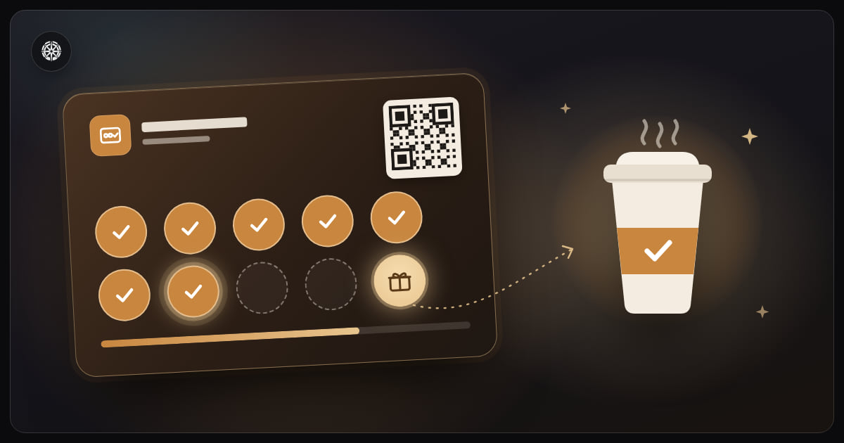 A loyalty card with seven of nine stamps filled and a tenth slot holding a reward, joined by a dotted path to a takeaway coffee