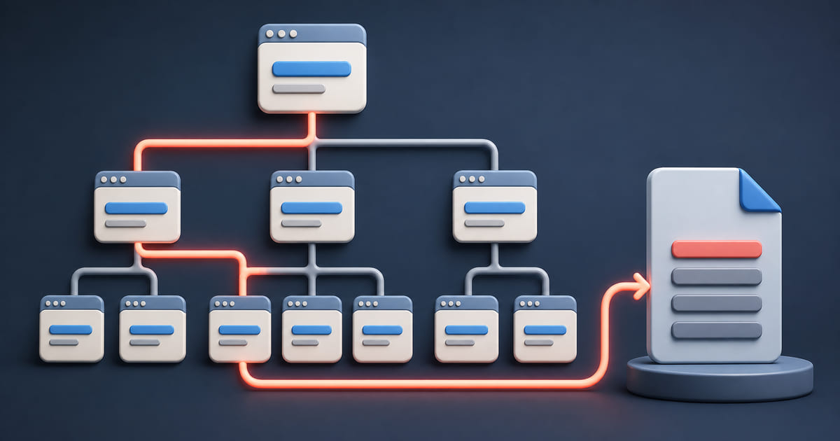 A branching tree of page nodes feeding into a single index file with a crawl path following it