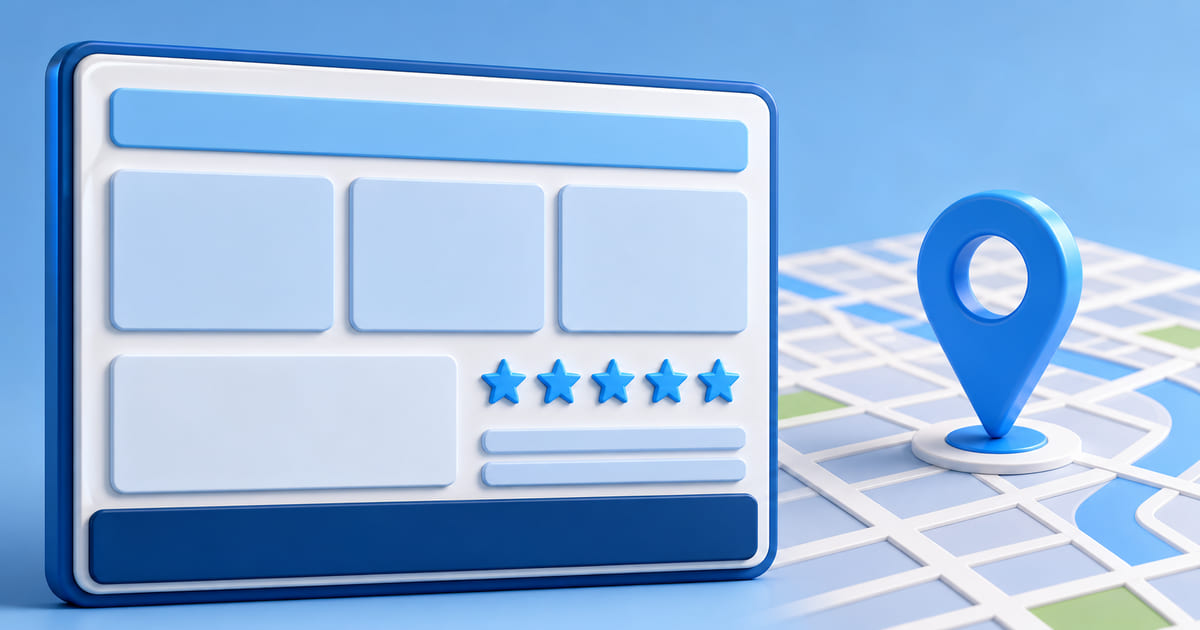 A map with a business pin beside an information panel showing photos, hours and a rating