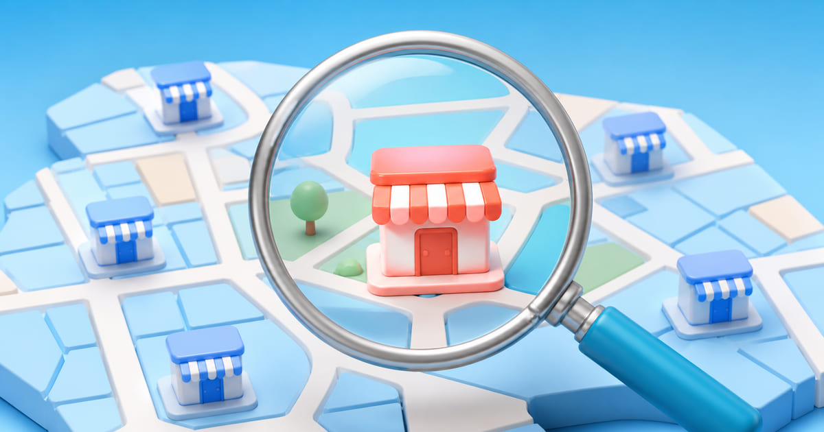 A magnifying glass over a neighbourhood map with storefront markers, one highlighted