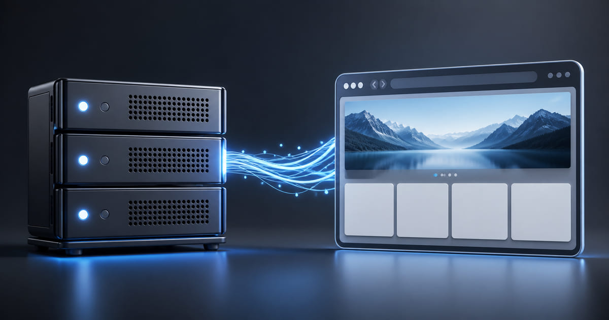 A server rack connected by light to a browser window showing a live web page