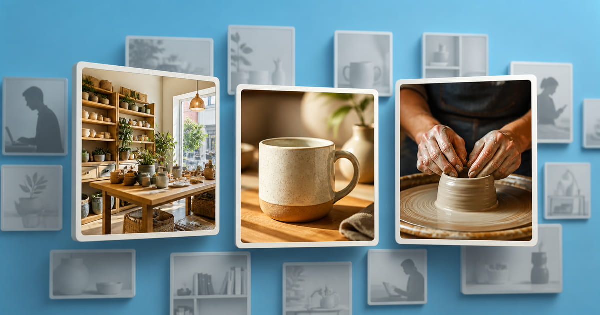 Genuine interior and product photographs bright in front while generic stock tiles recede