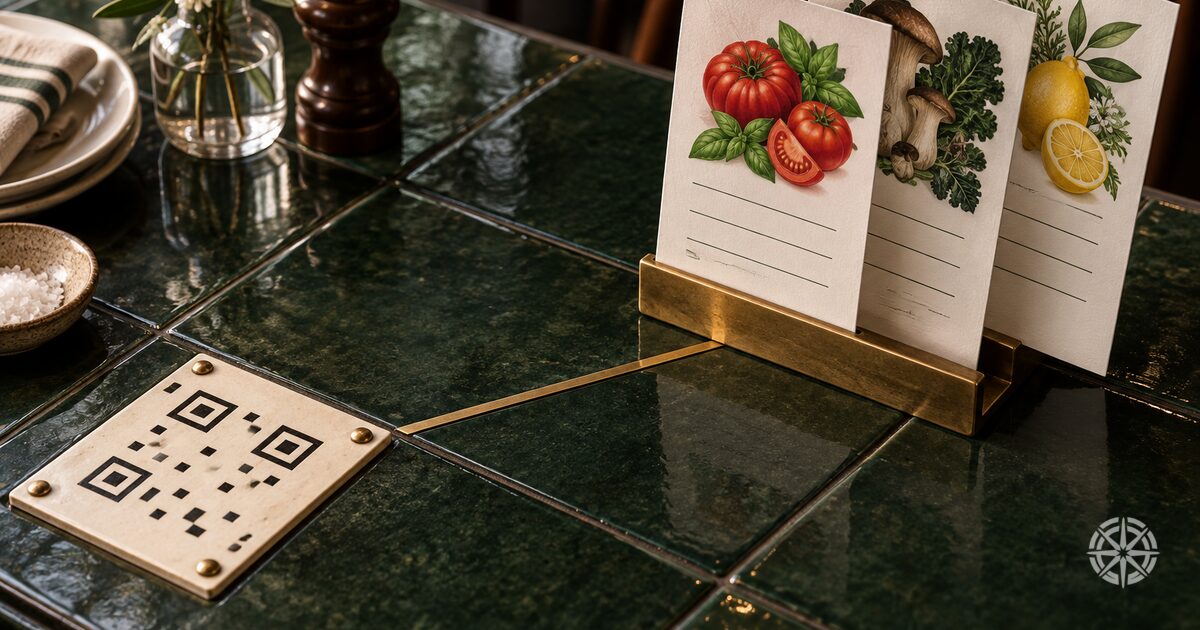 A QR code plaque screwed to a restaurant table, with a brass line running from it to a fixed holder carrying three interchangeable menu cards