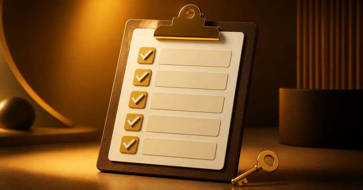 A clipboard with five ticked checklist rows and a key resting beside it