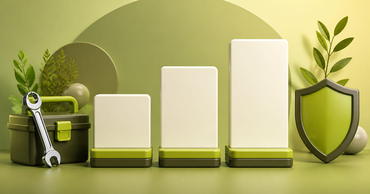 Three tiered service cards of increasing height beside a maintenance toolkit and a shield icon