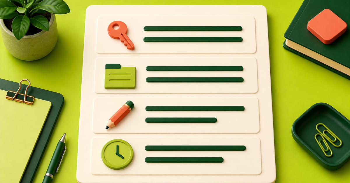 A contract with distinct clause blocks marked by a key, a file, a pencil and a clock