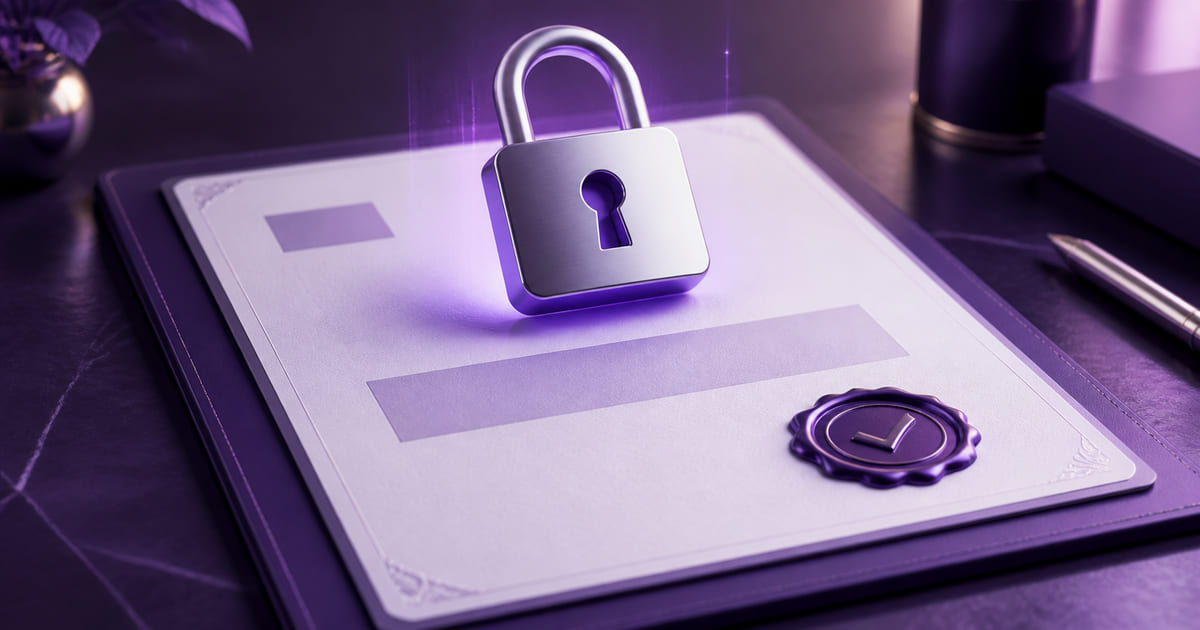 A legal document with a large padlock resting on it and an ownership seal in the corner