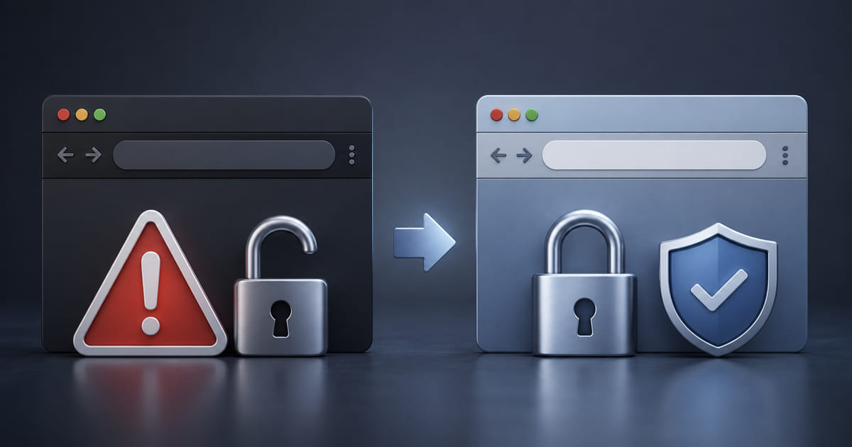 A browser address bar showing a warning icon beside a padlock representing the fix