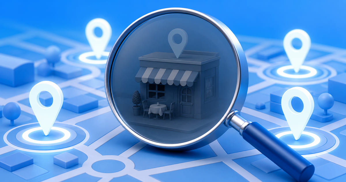 A map with bright location pins around a dimmed storefront, beside a magnifying glass
