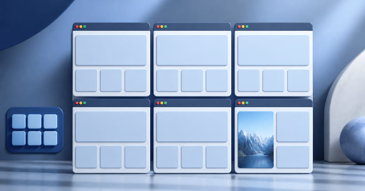 A grid of identical web page layouts with one visibly different in structure