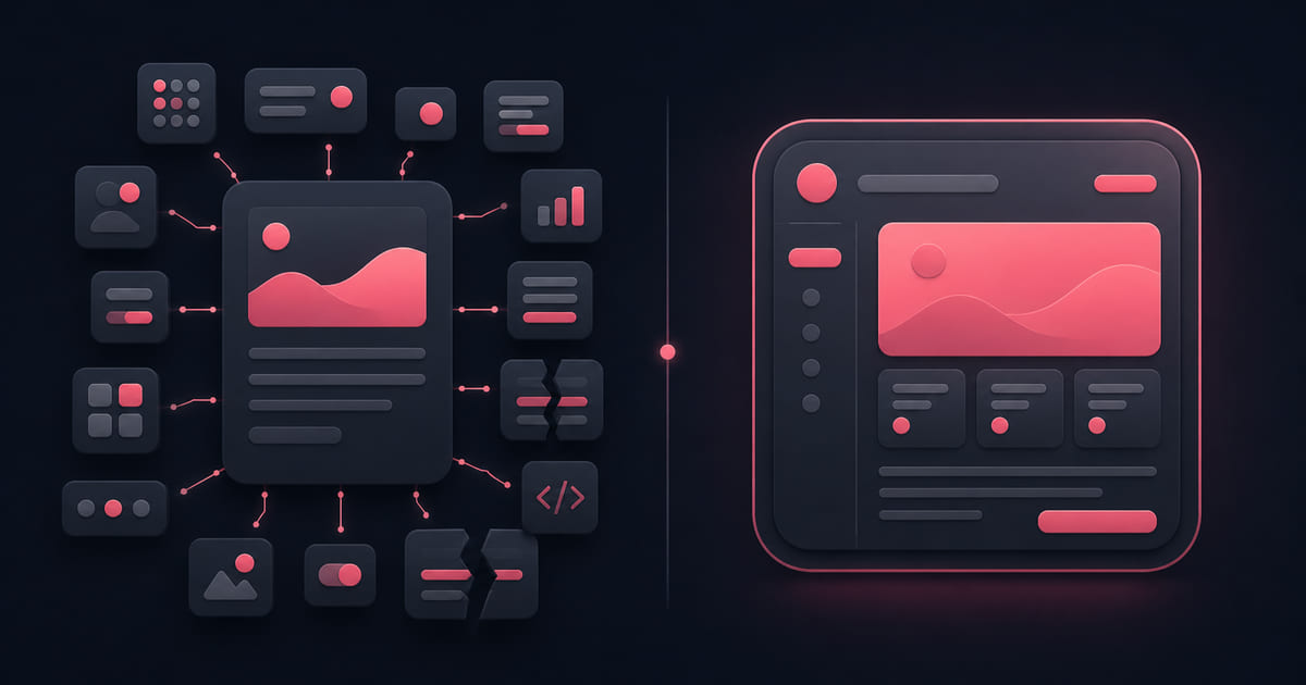 A page surrounded by scattered plugin blocks, some cracked, beside one solid unified block